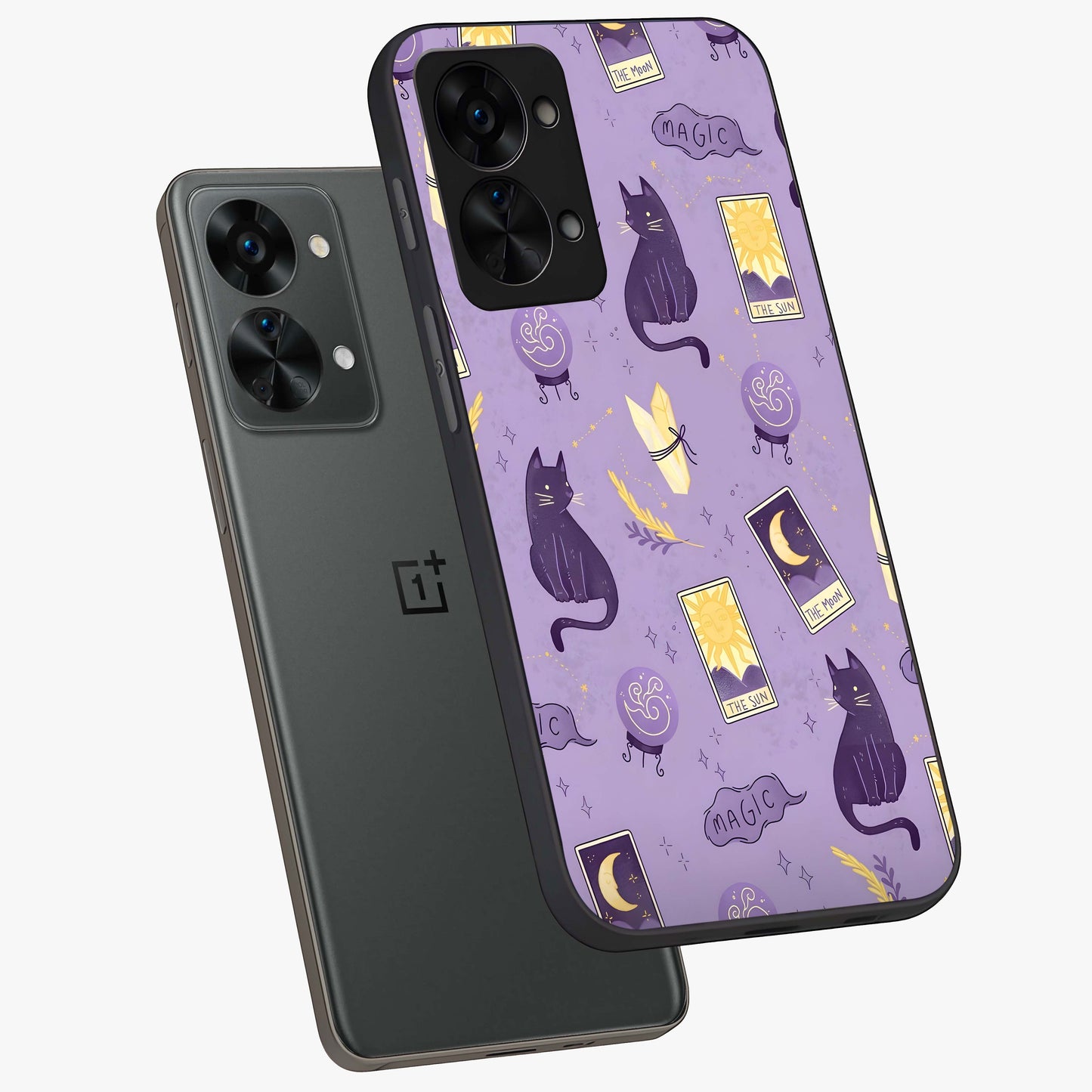 Humble Magic Cats Glass Case for 1+Nord 2T captured at a warm angle highlighting playful magical details, gloss, and edge clarity.