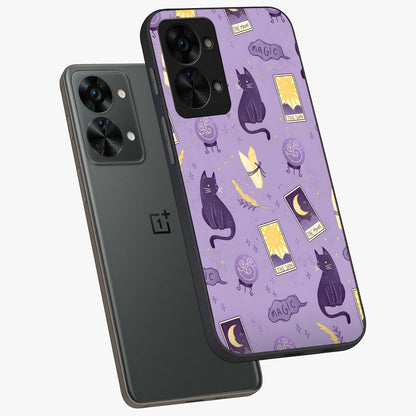 Humble Magic Cats Glass Case for 1+Nord 2T captured at a warm angle highlighting playful magical details, gloss, and edge clarity.