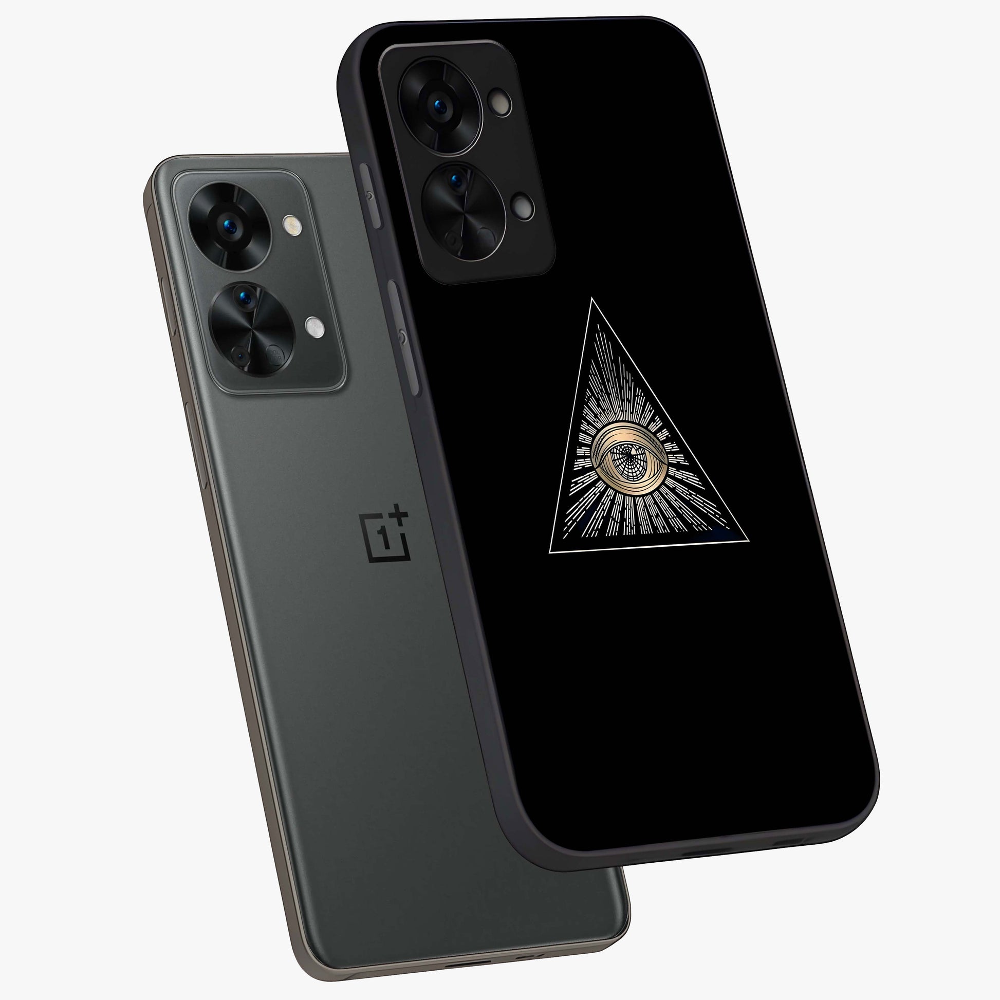 Illuminati Evil Glass Case for 1+Nord 2T captured at a warm angle highlighting sharp graphic details, gloss, and edge clarity.