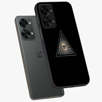 Illuminati Evil Glass Case for 1+Nord 2T captured at a warm angle highlighting sharp graphic details, gloss, and edge clarity.