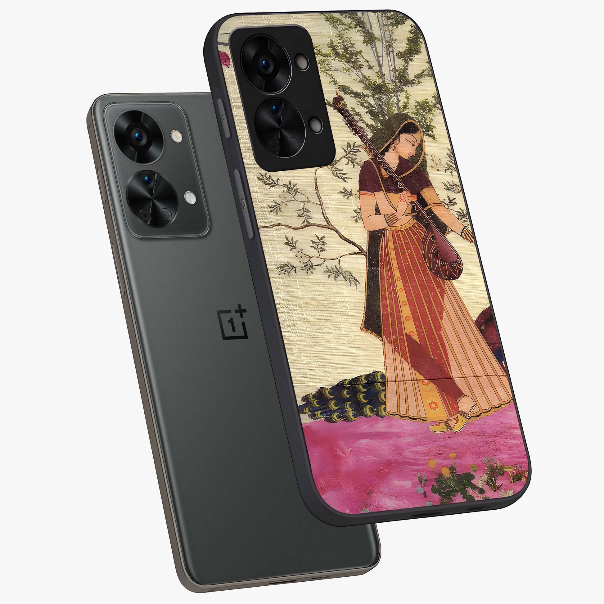 Lady With Veena Art Glass Case for 1+Nord 2T angled mockup showcasing glossy finish and refined artistic detailing