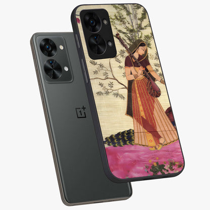 Lady With Veena Art Glass Case for 1+Nord 2T angled mockup showcasing glossy finish and refined artistic detailing