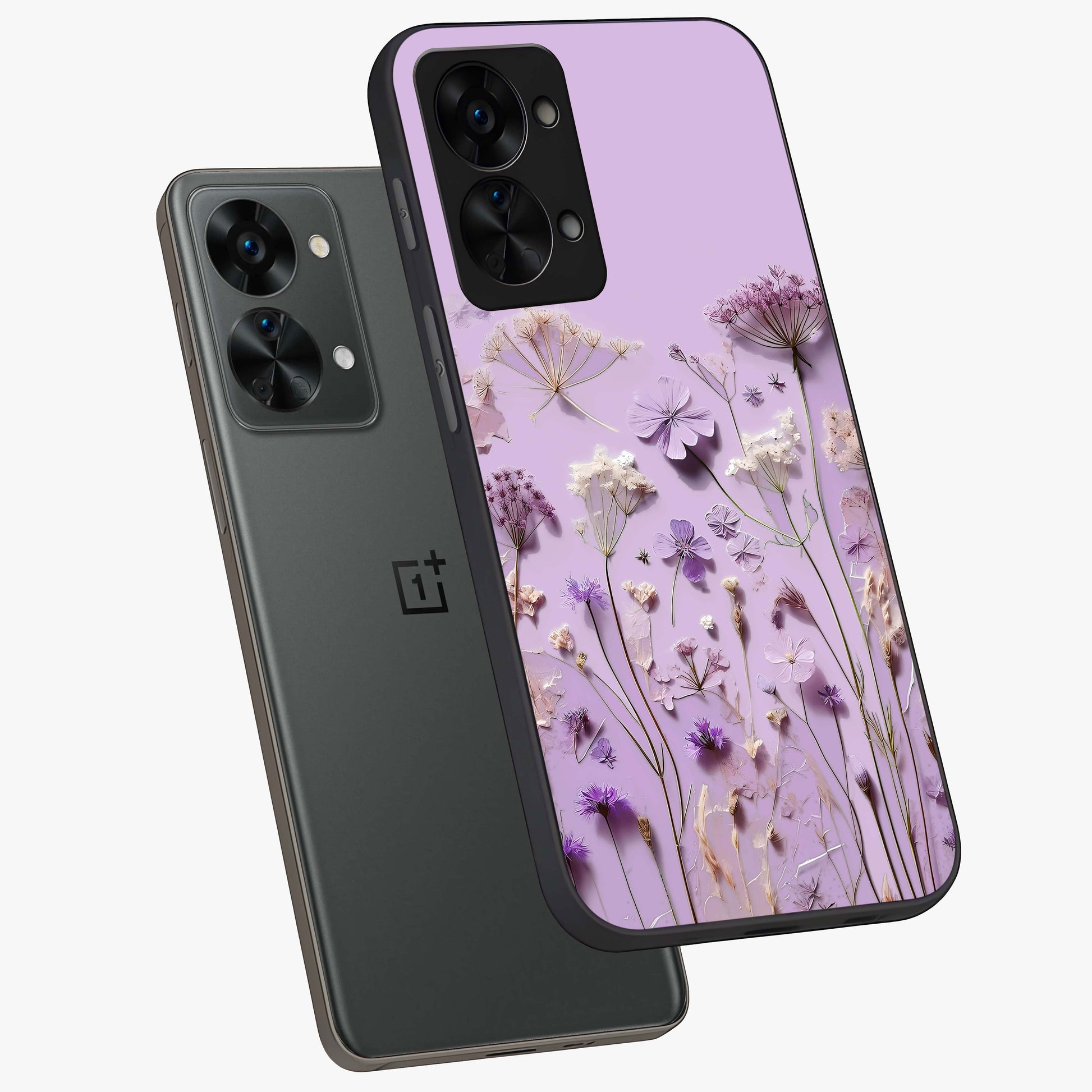 Lavender Blossom Dream Glass Case for 1+Nord 2T angled mockup showcasing glossy finish and pastel purple tones