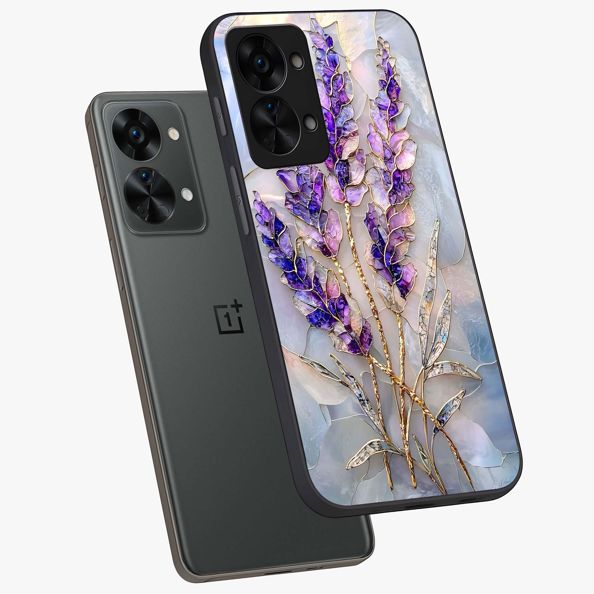 Lavender Dream Glow Glass Case for 1+Nord 2T angled mockup showcasing glossy finish and luminous purple gradients