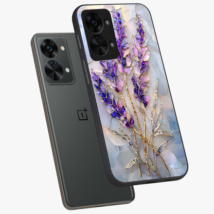 Lavender Dream Glow Glass Case for 1+Nord 2T angled mockup showcasing glossy finish and luminous purple gradients