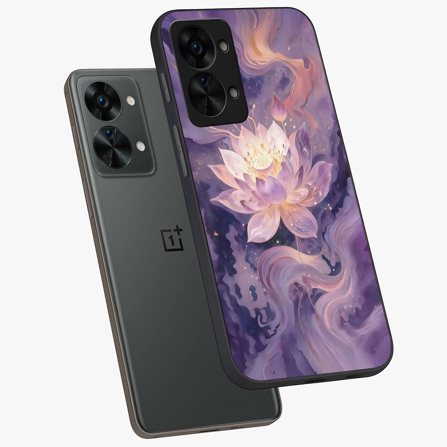 Lavender Lotus Muse Glass Case for 1+Nord 2T angled mockup showcasing glossy finish and refined floral detailing