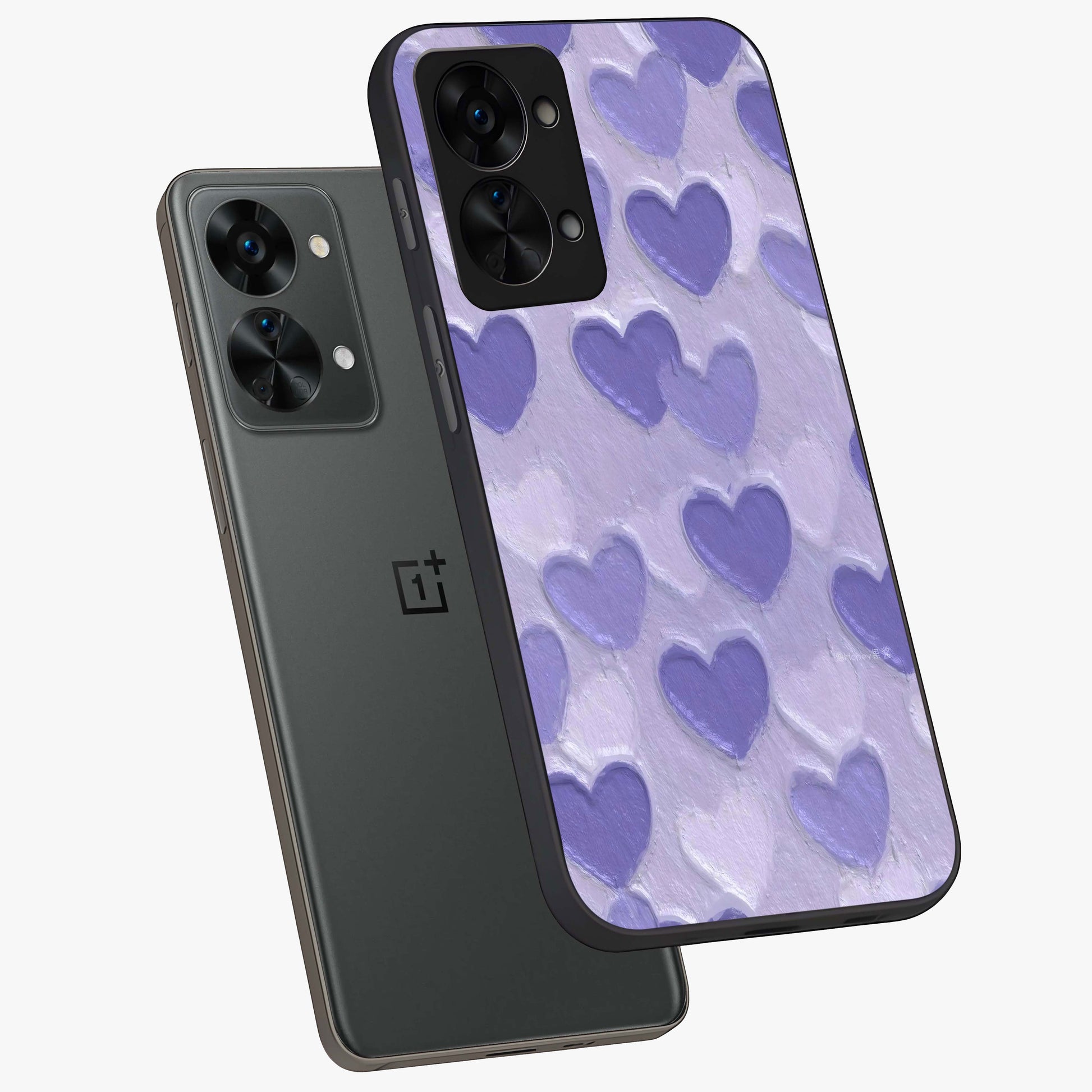 Lavender Paper Hearts Glass Case for 1+Nord 2T angled mockup showcasing glossy finish and playful pastel detailing