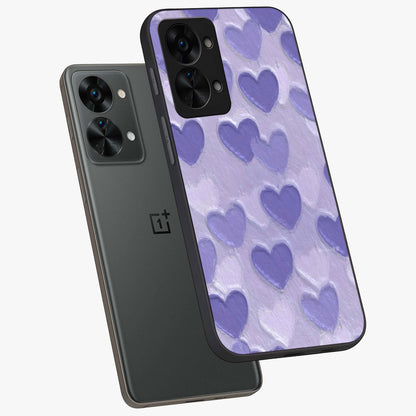 Lavender Paper Hearts Glass Case for 1+Nord 2T angled mockup showcasing glossy finish and playful pastel detailing