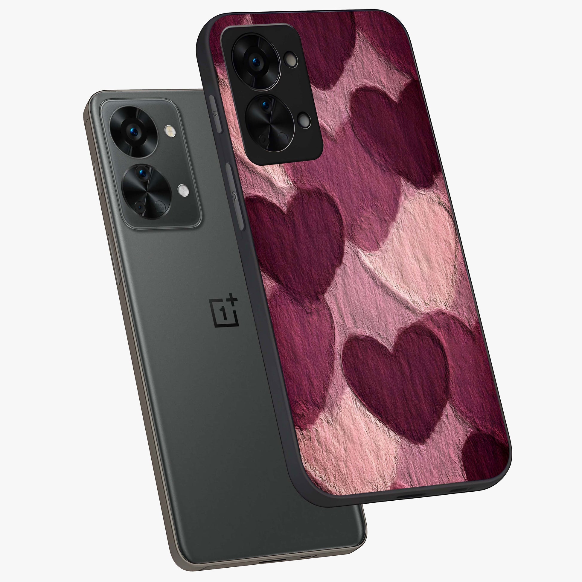 Layered Paper Hearts Glass Case for 1+Nord 2T angled mockup showcasing glossy finish and soft romantic tones