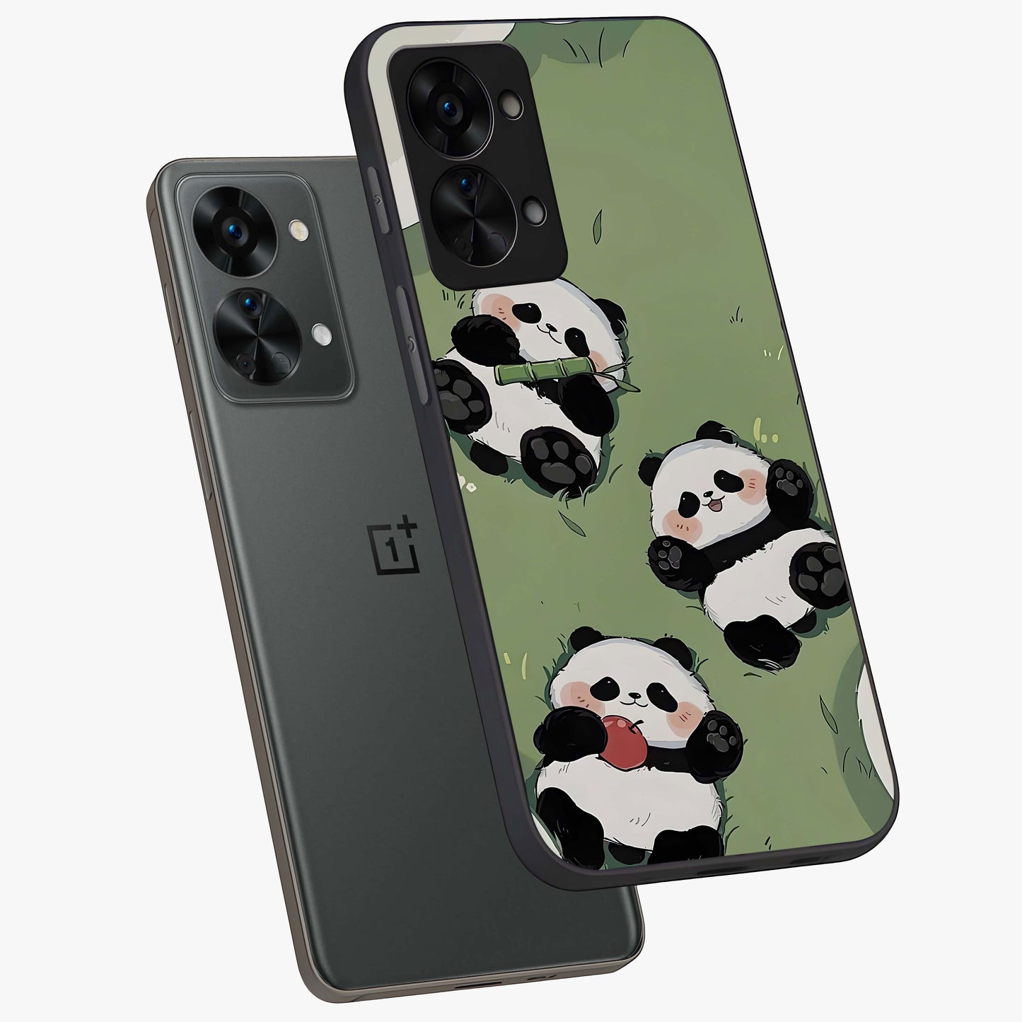 Lazy Panda Picnic Glass Case for 1+Nord 2T angled mockup showcasing glossy finish and vibrant cartoon detailing