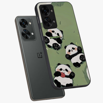 Lazy Panda Picnic Glass Case for 1+Nord 2T angled mockup showcasing glossy finish and vibrant cartoon detailing