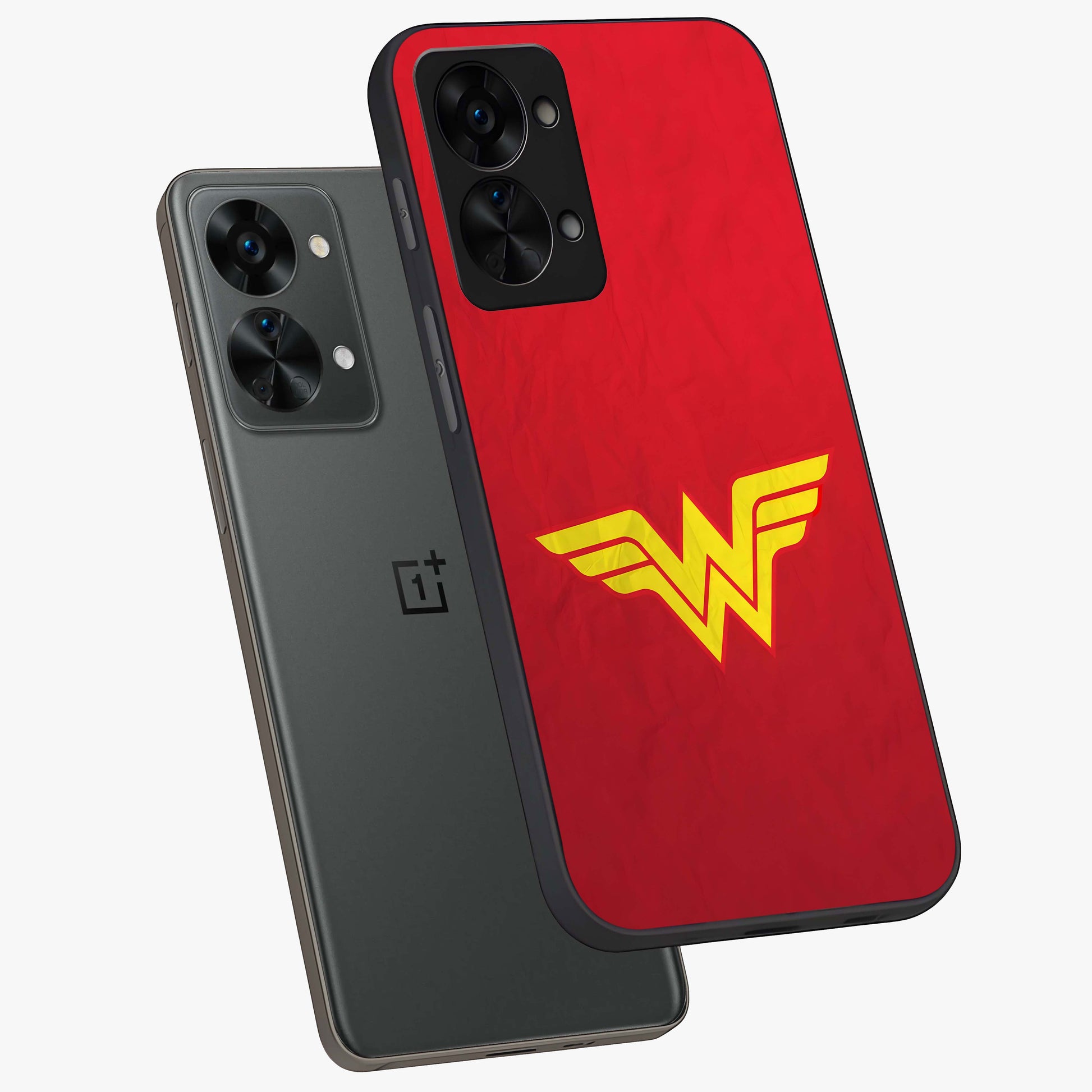 Legendary Wonder Power Glass Case for 1+Nord 2T angled mockup showcasing glossy finish and vibrant power tones