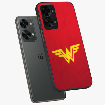 Legendary Wonder Power Glass Case for 1+Nord 2T angled mockup showcasing glossy finish and vibrant power tones