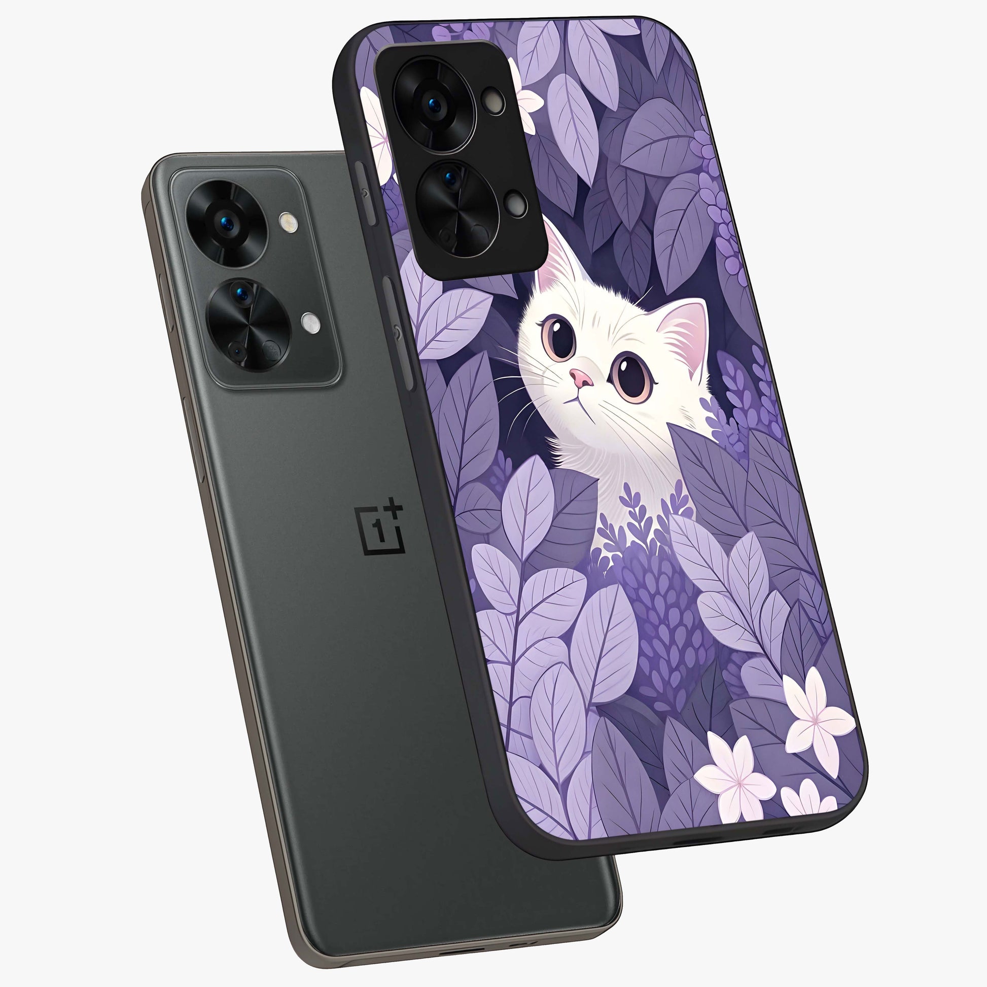 Lilac Hide Peek Cat Glass Case for 1+Nord 2T angled mockup showcasing glossy finish and cute character detailing
