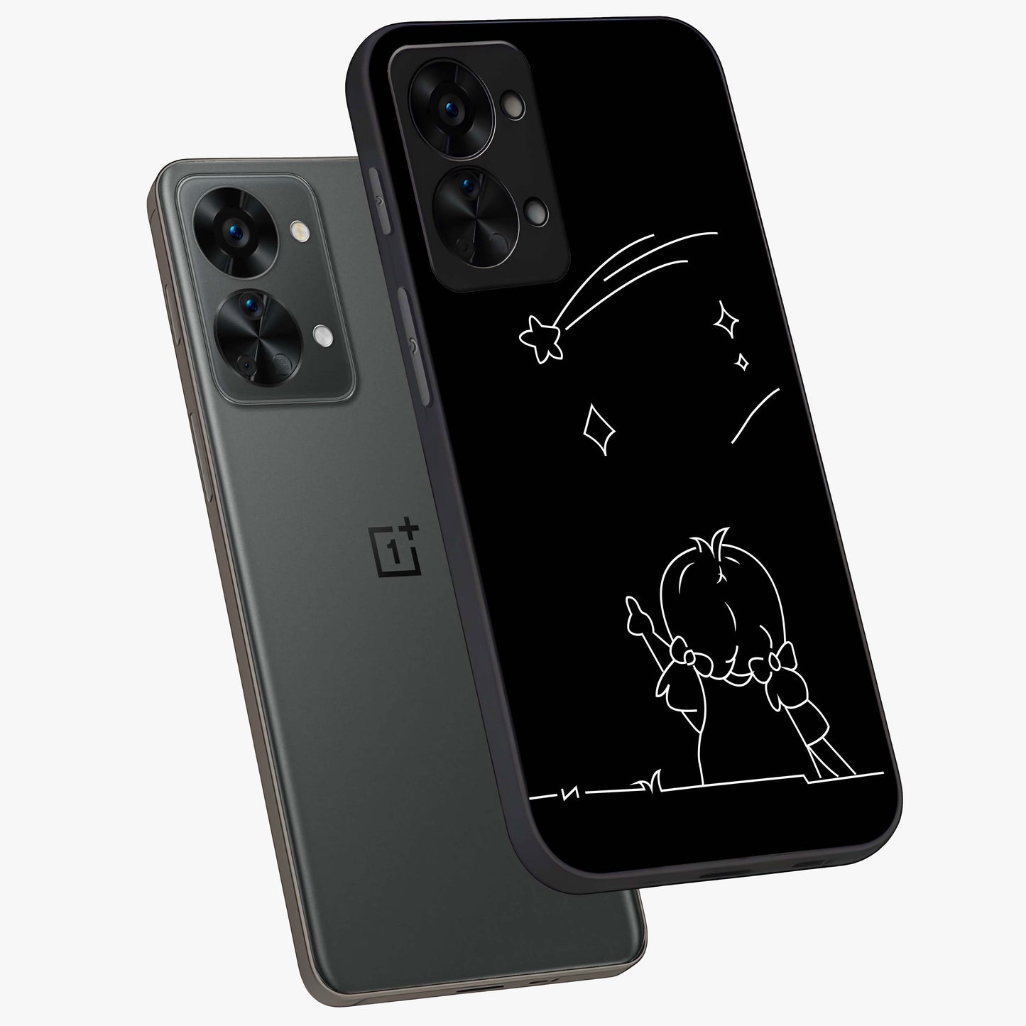 Line Art Girl With Shooting Stars Glass Case for 1+Nord 2T angled mockup showcasing glossy finish and refined artistic detailing