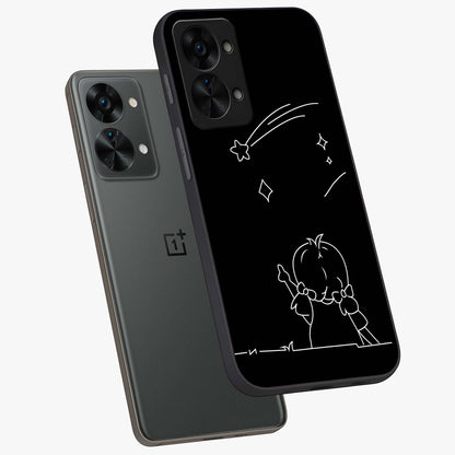 Line Art Girl With Shooting Stars Glass Case for 1+Nord 2T angled mockup showcasing glossy finish and refined artistic detailing