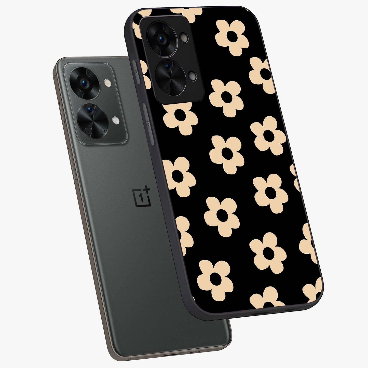 Little Daisy Flower Retro Pattern Glass Case for 1+Nord 2T angled mockup showcasing glossy finish and vintage bloom tones