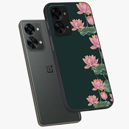 Lotus Bloom Serenity Glass Case for 1+Nord 2T angled mockup showcasing glossy glass finish and calming tones
