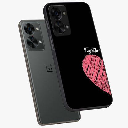 Love Forever Together Left Glass Case for 1+Nord 2T angled mockup showcasing glossy finish and soft love inspired tones