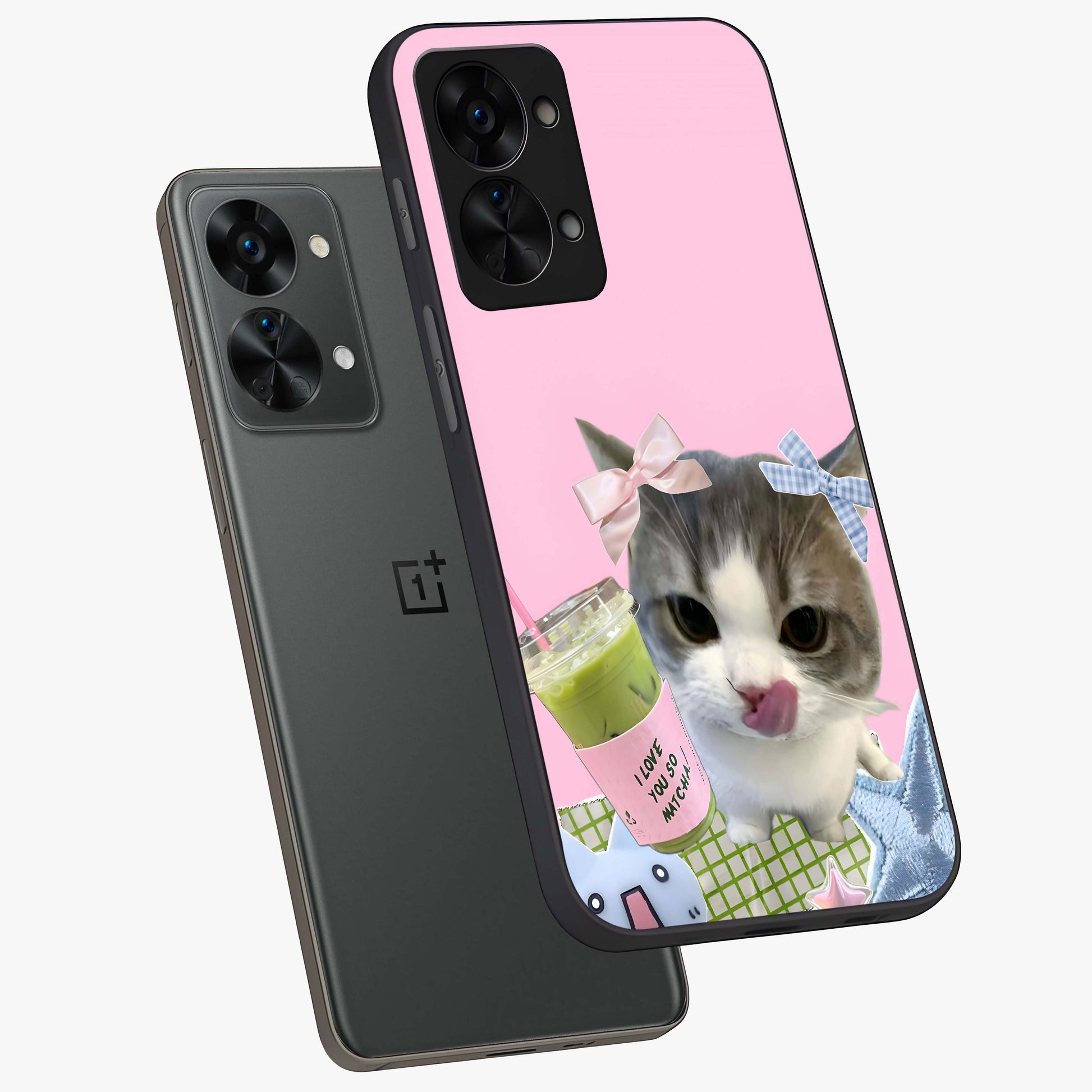 Love Matcha Cat Glass Case for 1+Nord 2T angled mockup showcasing glossy finish and playful pastel tones