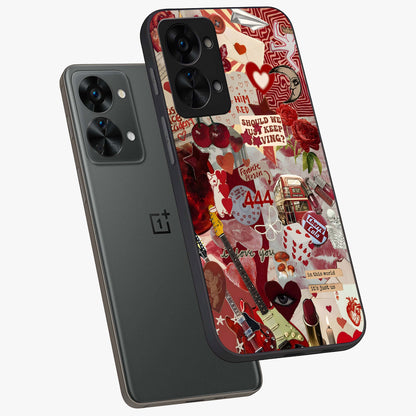 Lover’S Red Chaos Glass Case for 1+Nord 2T angled mockup showcasing glossy finish and dramatic crimson tones