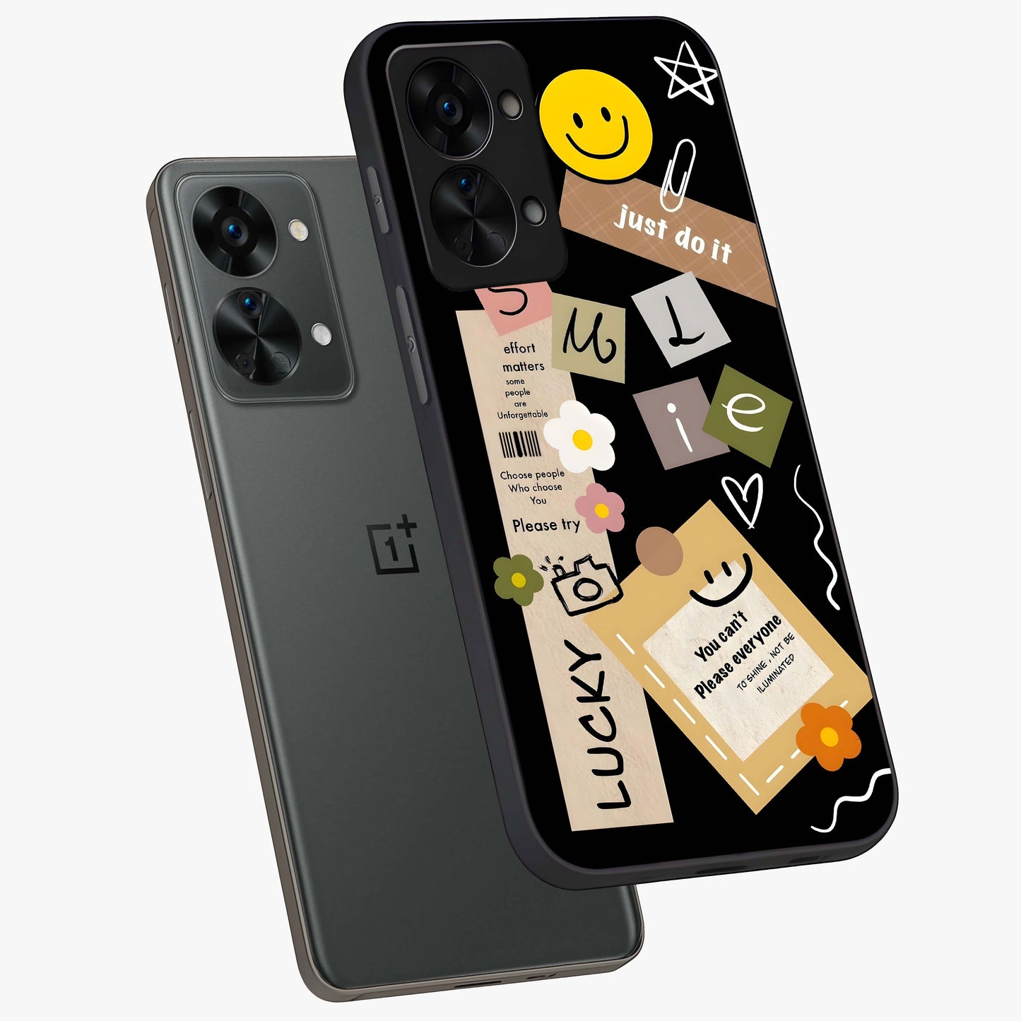 Lucky Aesthetic Collage Case Glass Case for 1+Nord 2T angled mockup showcasing glossy finish and colorful textures