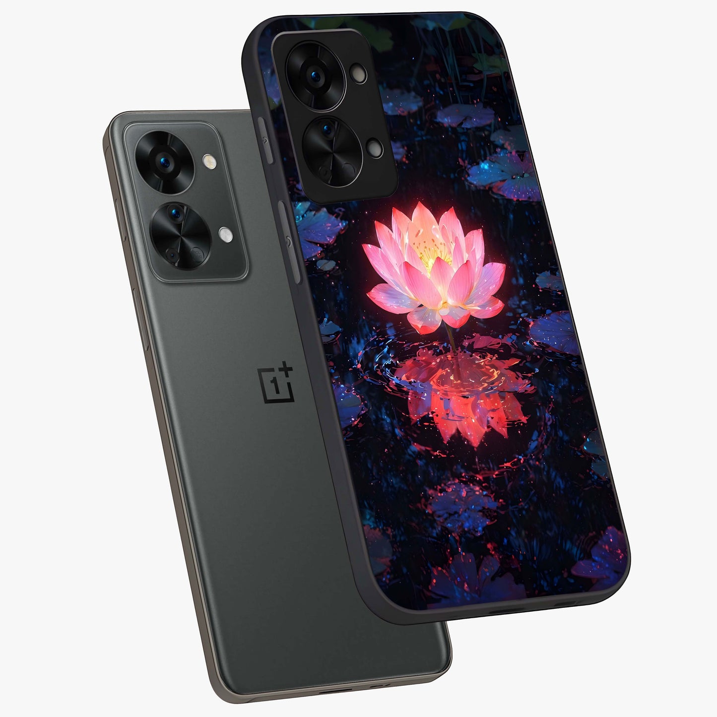 Luminous Lotus Glow Glass Case for 1+Nord 2T angled mockup showcasing glossy finish and warm luminous tones