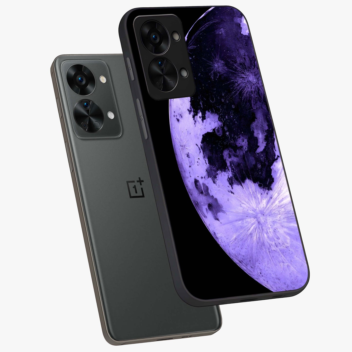 Lunar Glow in Violet Glass Case for 1+Nord 2T angled mockup showcasing glossy finish and soft purple gradients