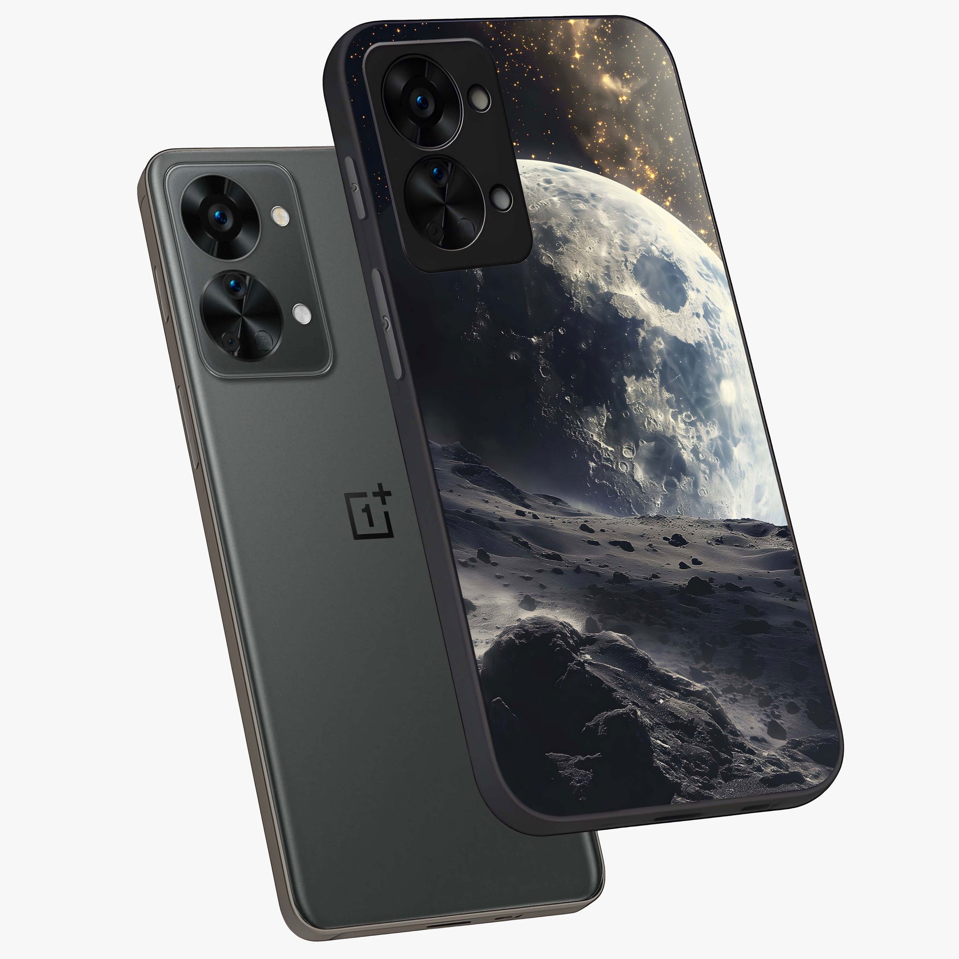 Lunar Horizon Glow Glass Case for 1+Nord 2T angled mockup showcasing glossy finish and warm night tones