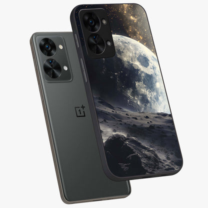 Lunar Horizon Glow Glass Case for 1+Nord 2T angled mockup showcasing glossy finish and warm night tones