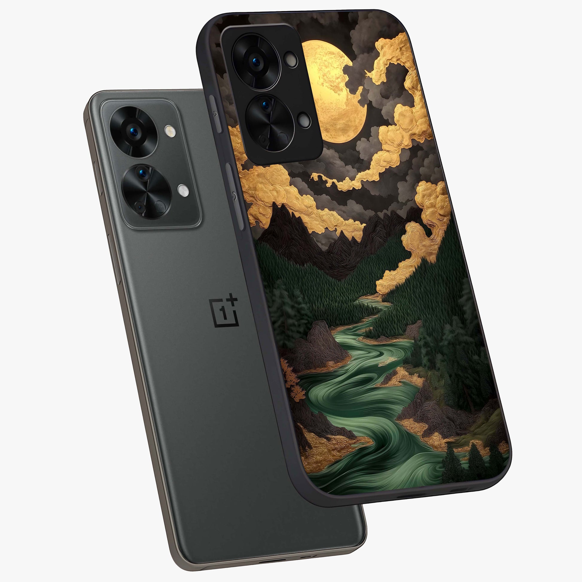 Lunar Silk Garden Glass Case for 1+Nord 2T angled mockup showcasing glossy glass finish and silky gradient textures