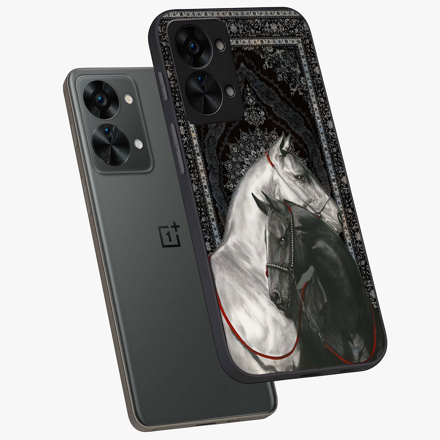 Majestic Ride Legacy Glass Case for 1+Nord 2T angled mockup showcasing glossy finish and strong graphic detailing