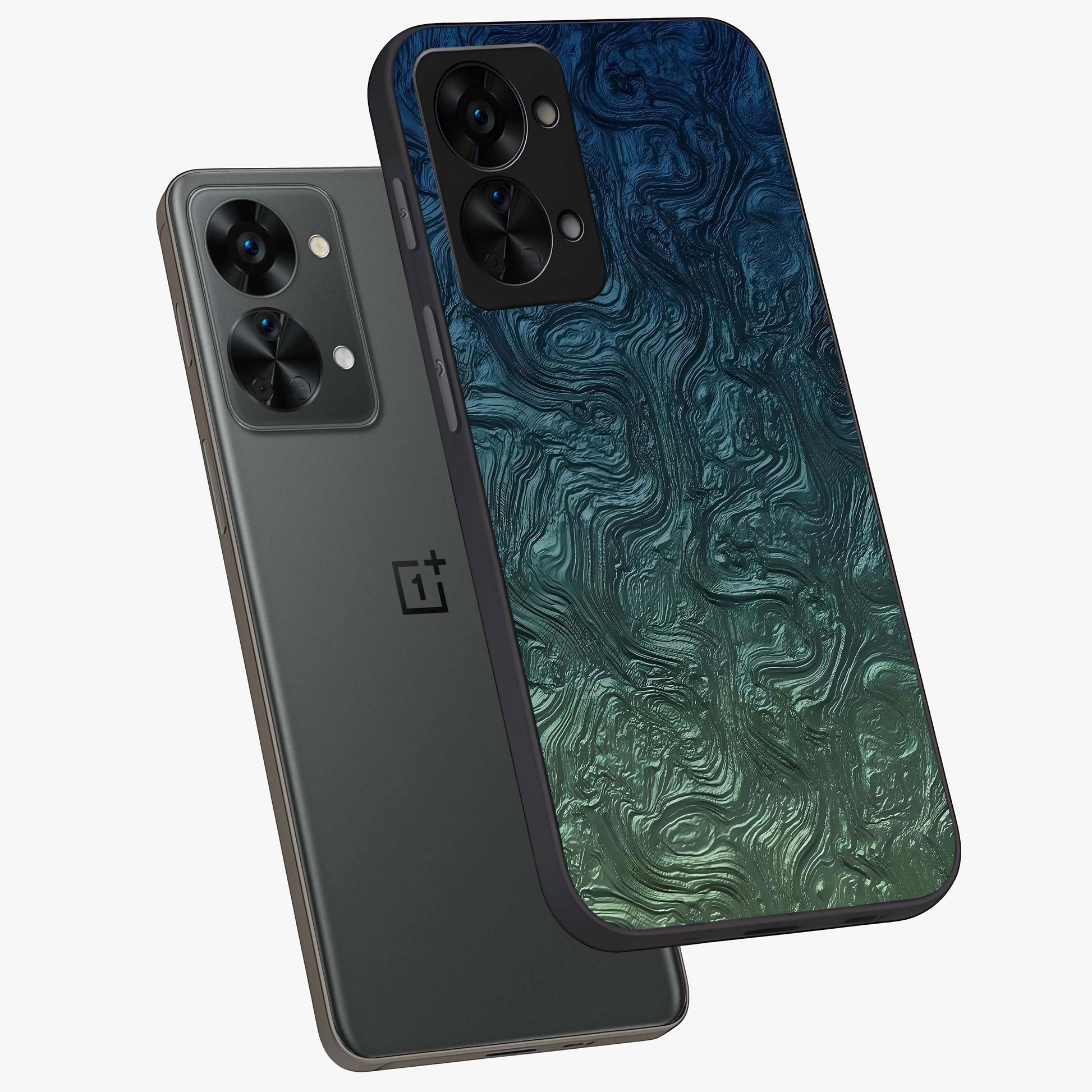 Marble Dream Blur Glass Case for 1+Nord 2T angled mockup showcasing glossy finish and smooth gradient tones