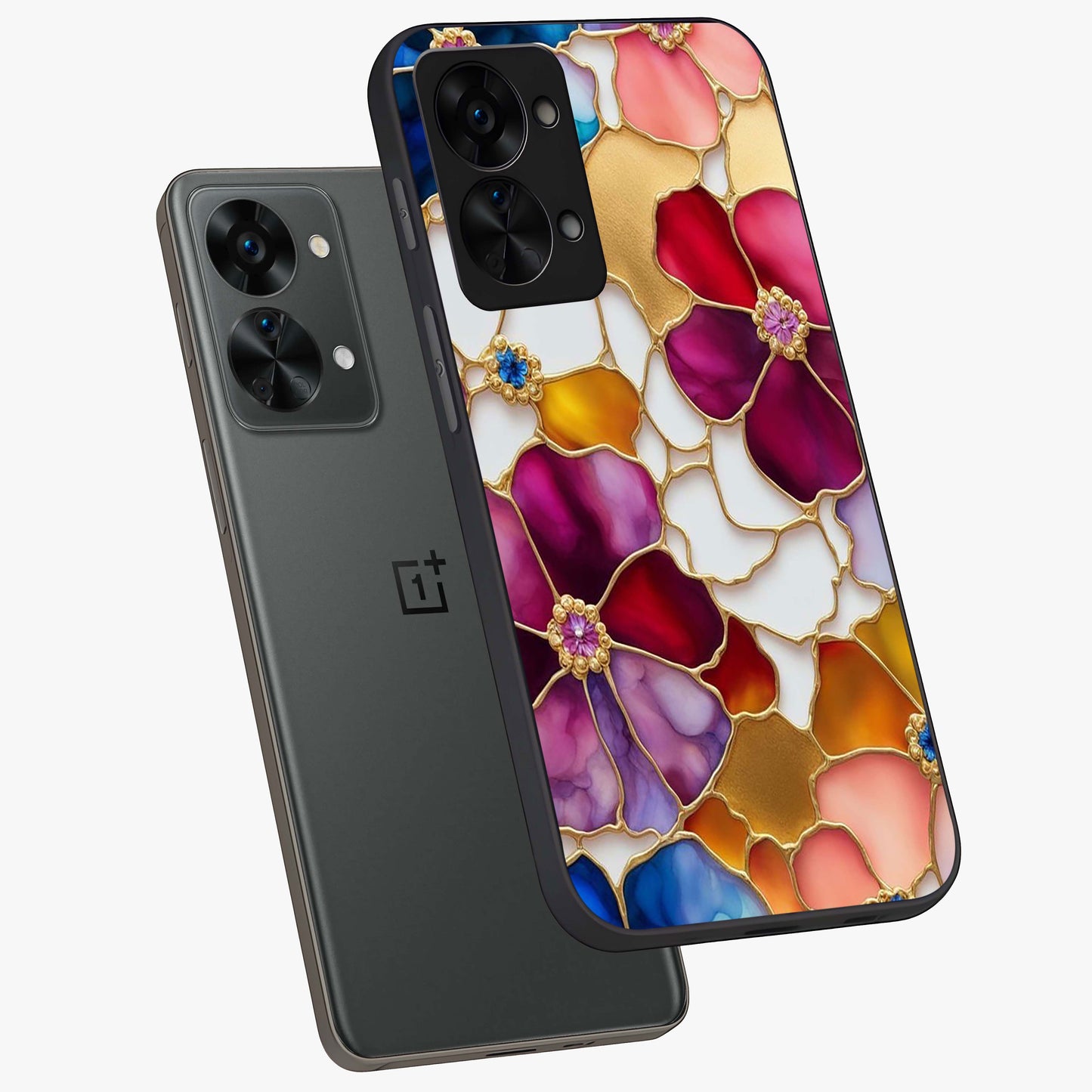 Marble Flower Pattern Glass Case for 1+Nord 2T angled mockup showcasing glossy finish and detailed bloom accents