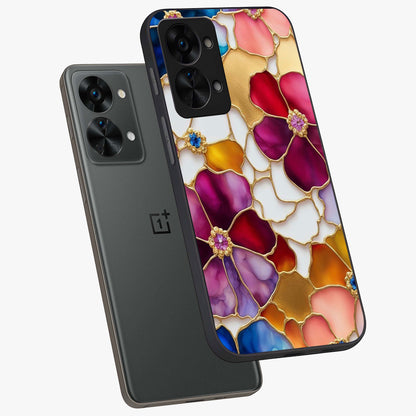 Marble Flower Pattern Glass Case for 1+Nord 2T angled mockup showcasing glossy finish and detailed bloom accents