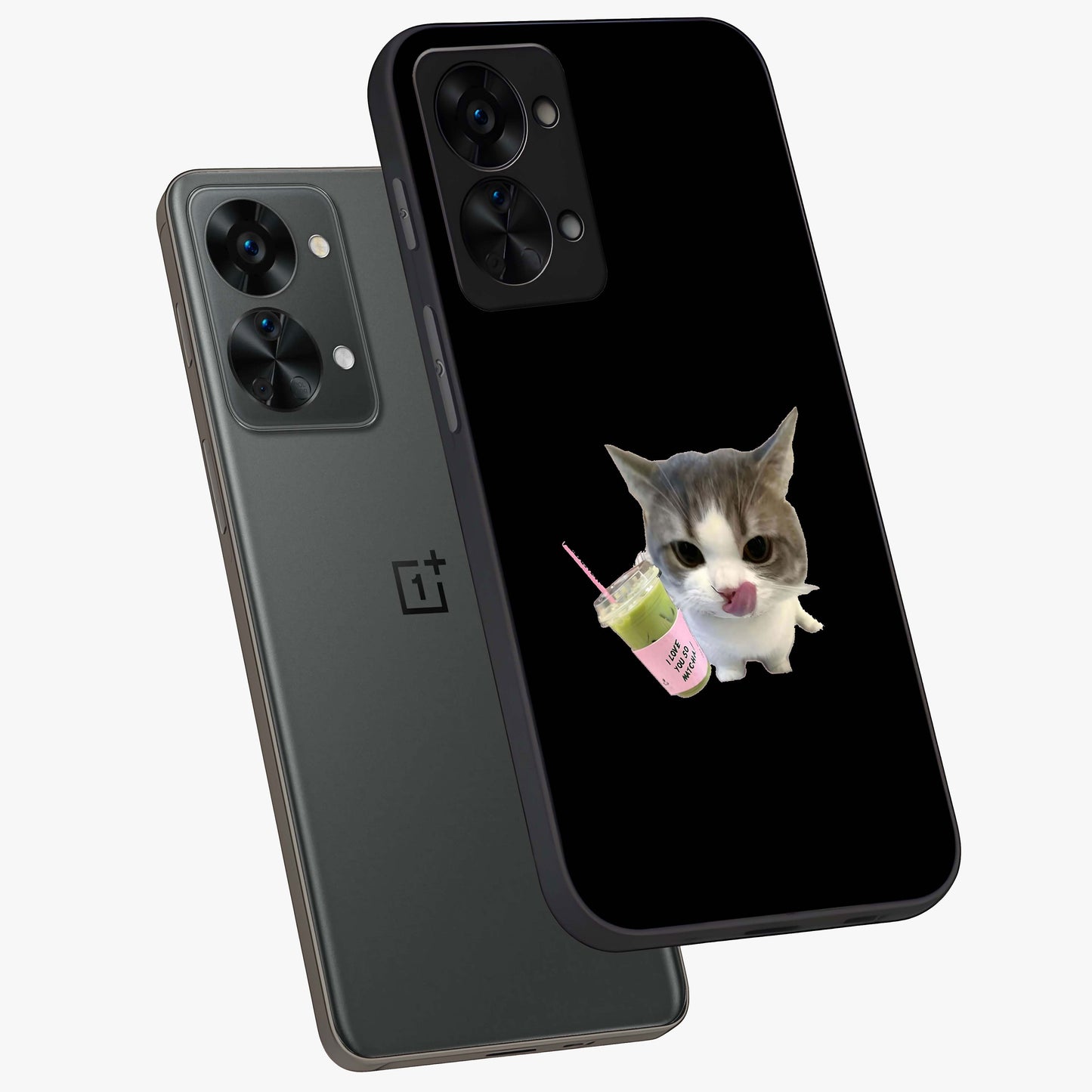 Matcha Cat Style Glass Case for 1+Nord 2T angled mockup showcasing glossy glass finish and playful pastel detailing