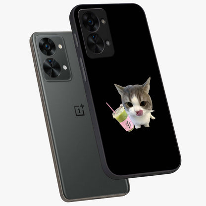 Matcha Cat Style Glass Case for 1+Nord 2T angled mockup showcasing glossy glass finish and playful pastel detailing