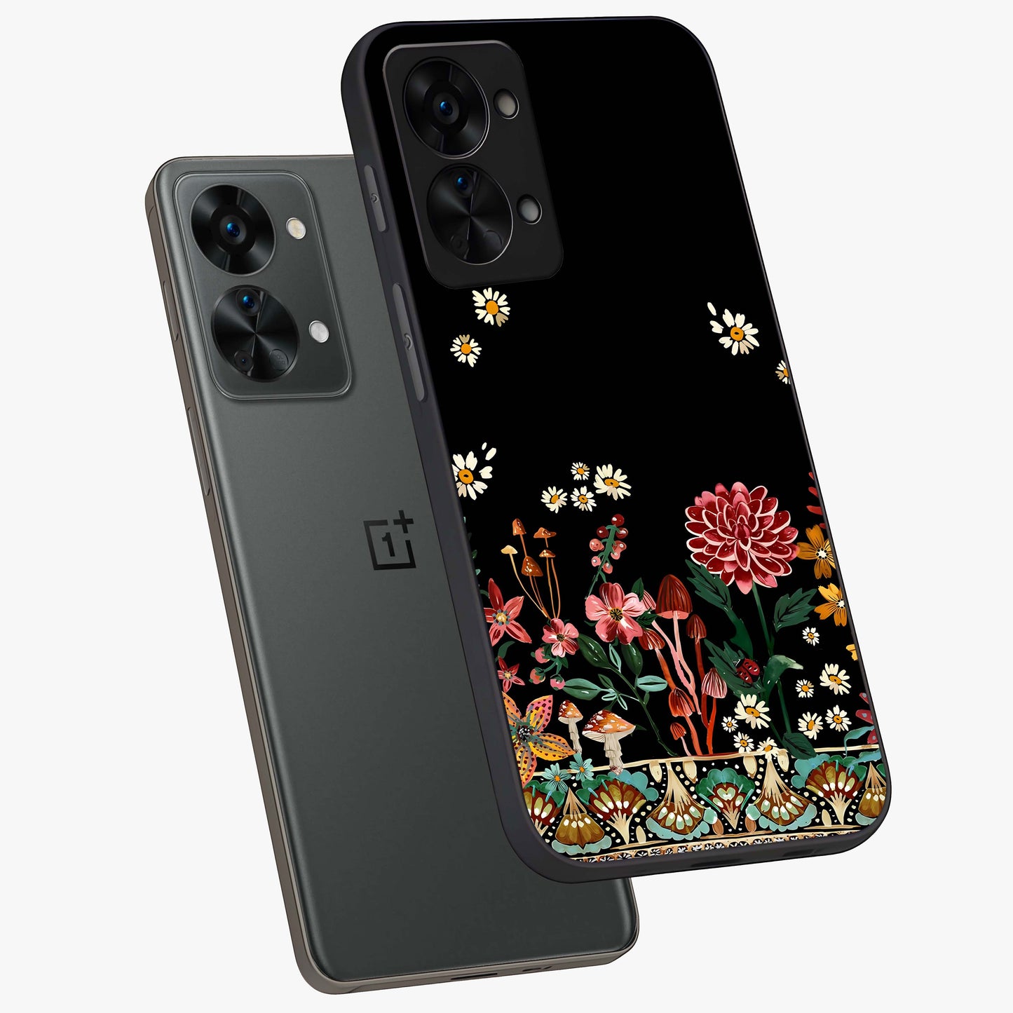 Midnight Bloom Pattern Glass Case for 1+Nord 2T angled mockup showcasing glossy finish and rich bloom detailing