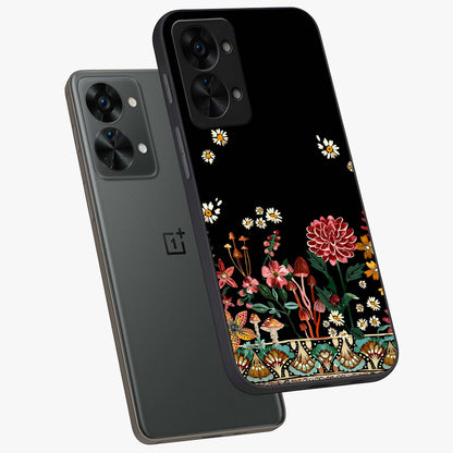 Midnight Bloom Pattern Glass Case for 1+Nord 2T angled mockup showcasing glossy finish and rich bloom detailing