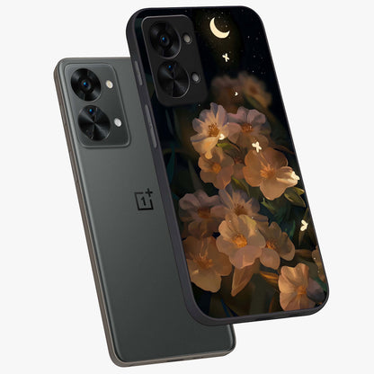 Midnight Bloom Trail Glass Case for 1+Nord 2T angled mockup showcasing glossy finish and luminous bloom accents