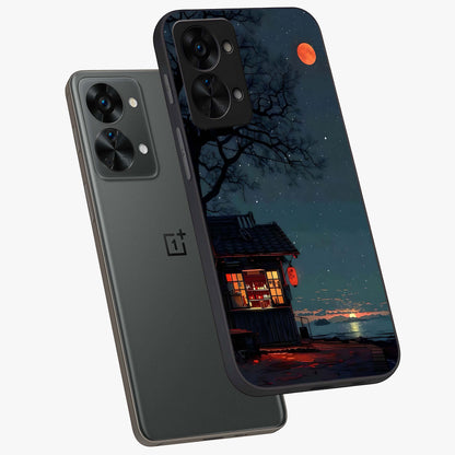 Midnight Lantern Glow Glass Case for 1+Nord 2T angled mockup showcasing glossy finish and warm luminous tones