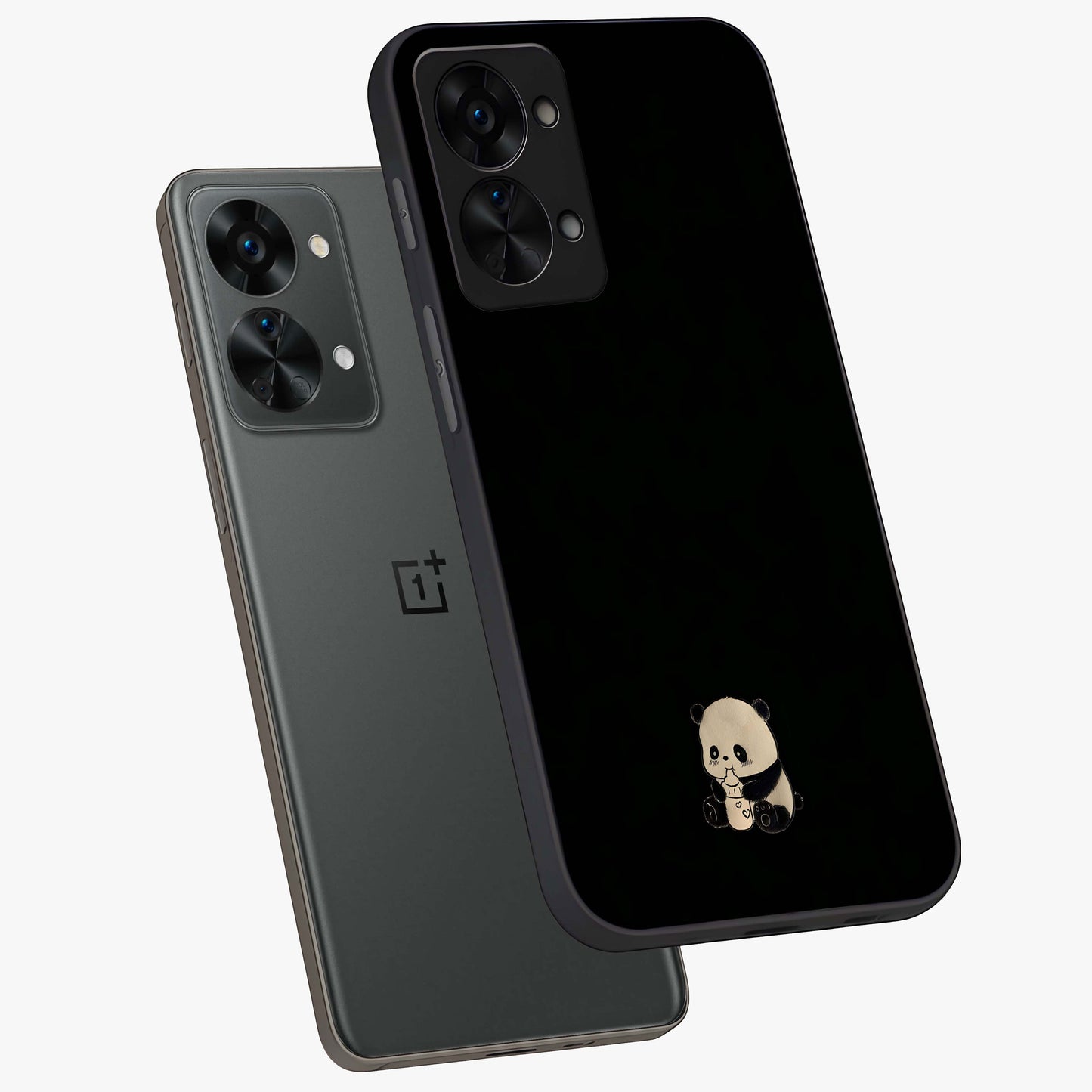 Midnight Panda Love Glass Case for 1+Nord 2T angled mockup showcasing glossy finish and soft contrast tones