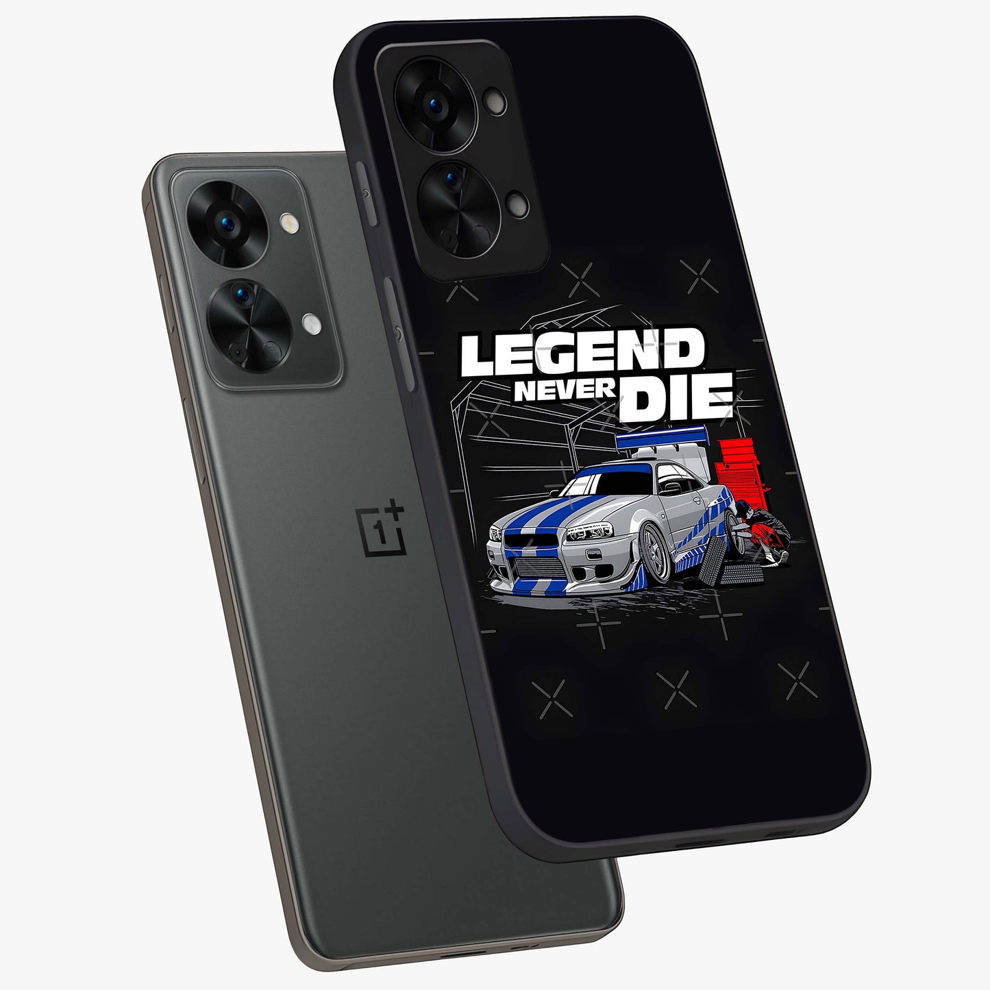 Midnight Racing Legacy Glass Case for 1+Nord 2T angled mockup showcasing glossy glass finish and dynamic motion detailing