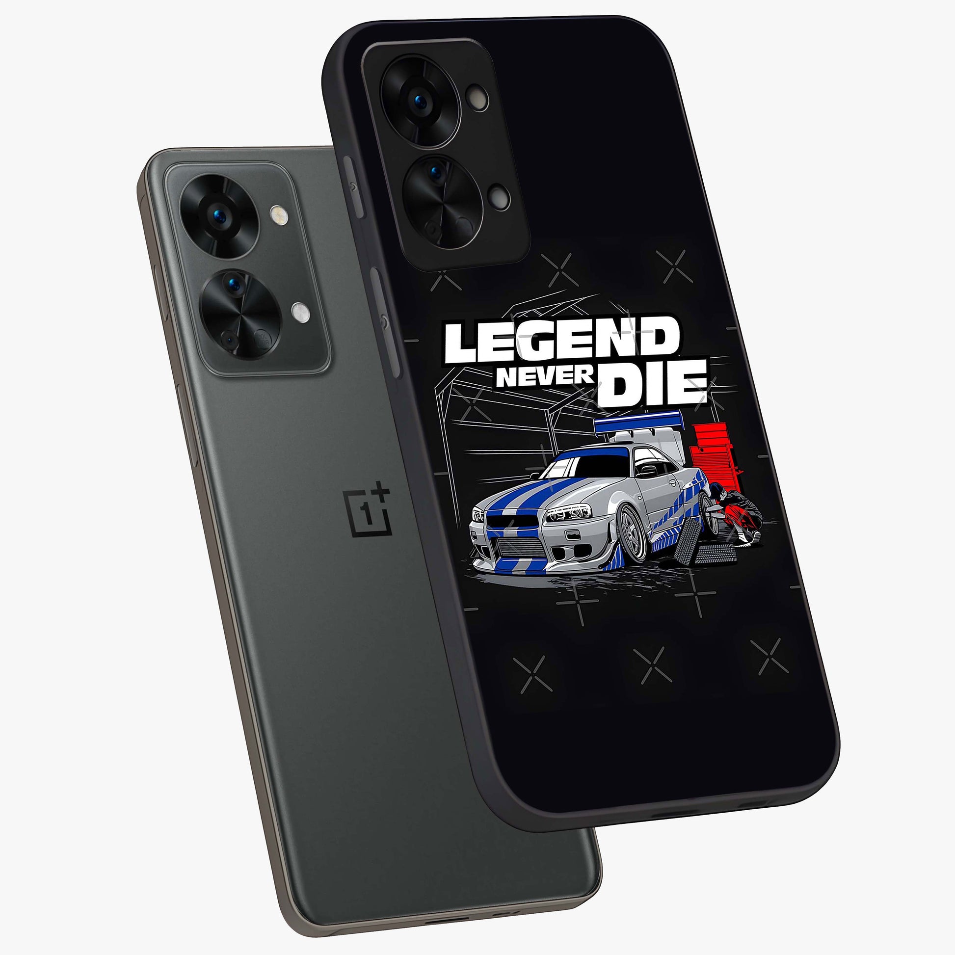 Midnight Racing Legacy Glass Case for 1+Nord 2T angled mockup showcasing glossy glass finish and dynamic motion detailing
