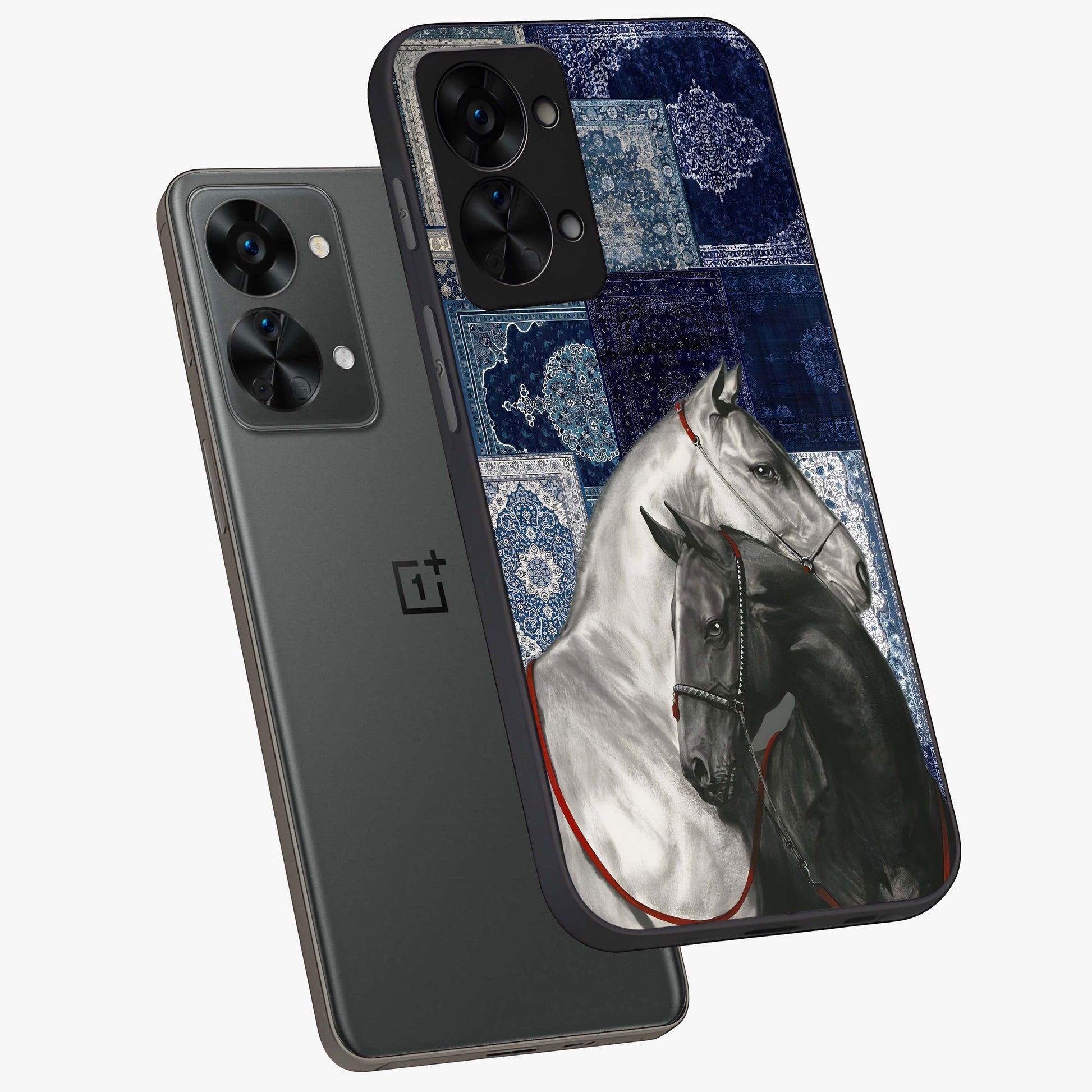 Midnight Stallion Blues Glass Case for 1+Nord 2T angled mockup showcasing glossy finish and dramatic equestrian detailing