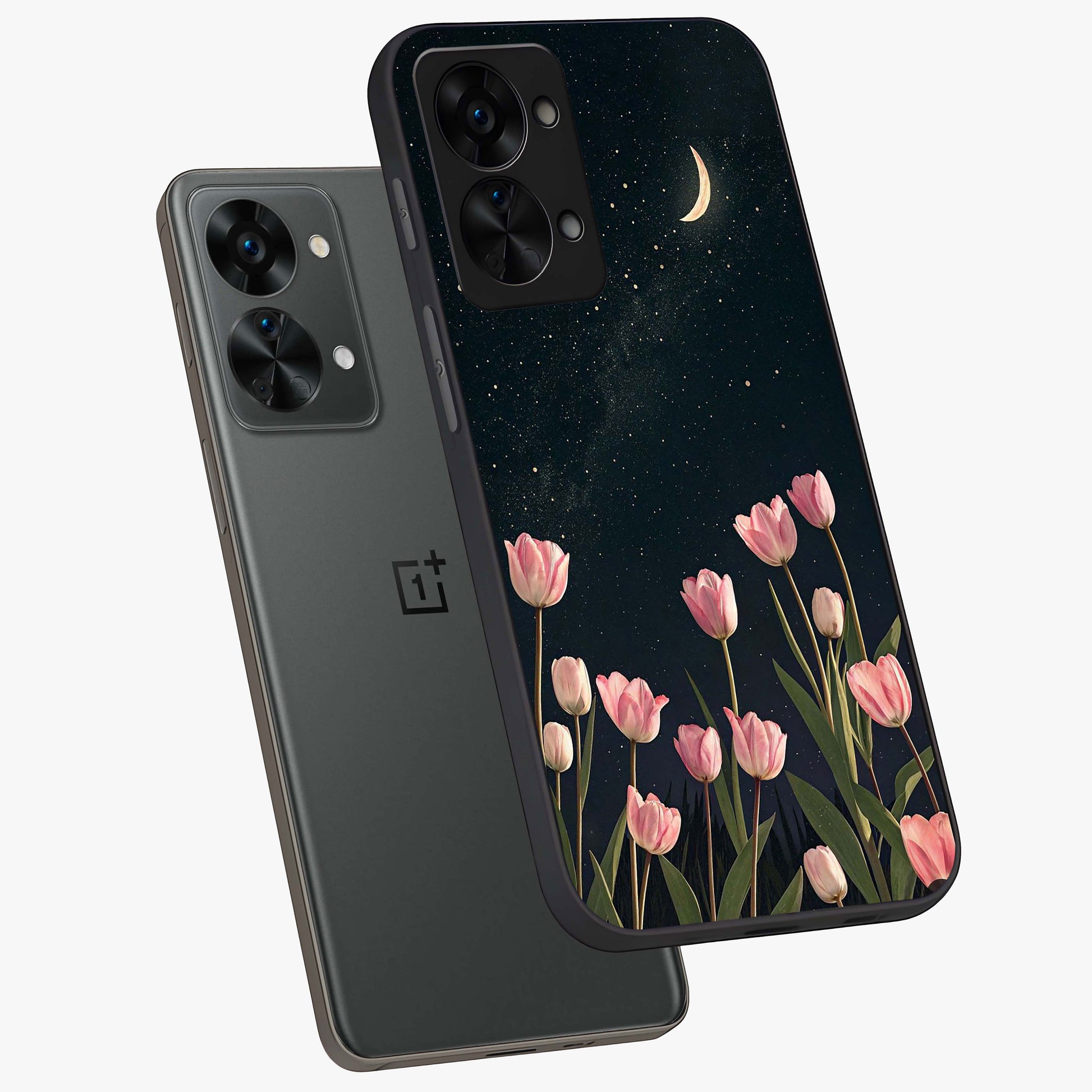 Midnight Tulip Whispers Vibe Glass Case for 1+Nord 2T angled mockup showcasing glossy finish and subtle bloom detailing