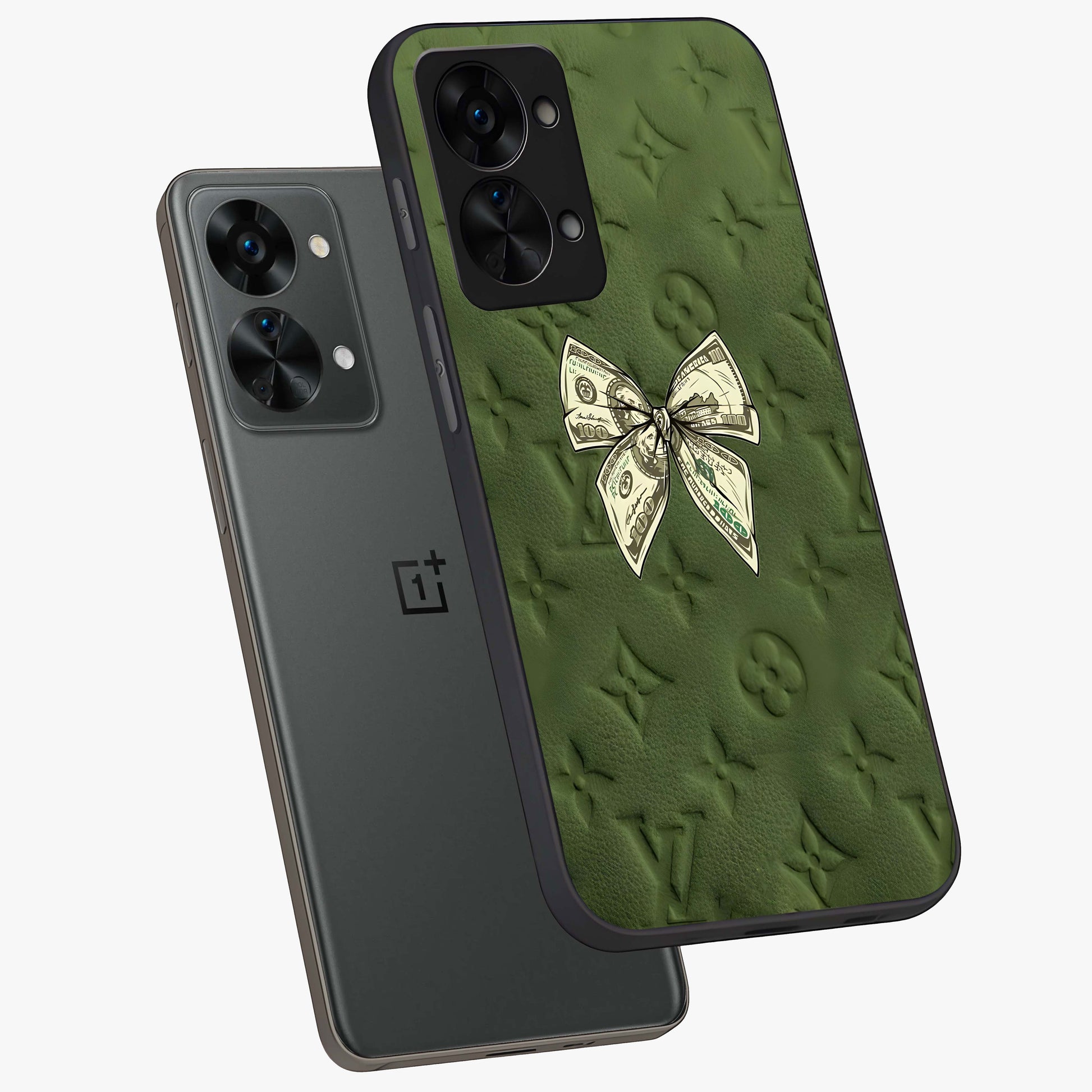 Money Bow Lv Glass Case for 1+Nord 2T angled mockup showcasing glossy finish and premium aesthetic detailing