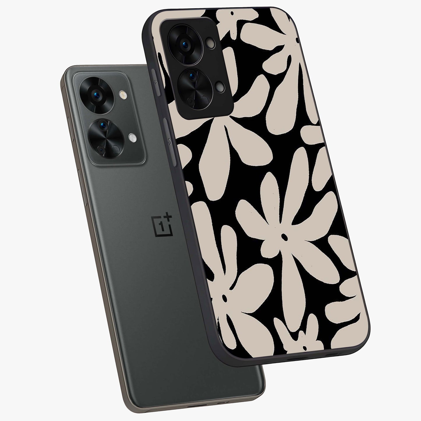 Monochrome Petal Dance Glass Case for 1+Nord 2T angled mockup showcasing glossy finish and elegant contrast detailing