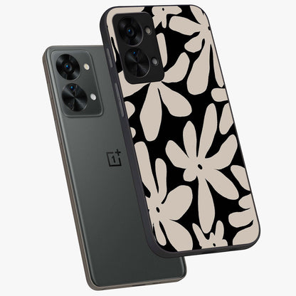 Monochrome Petal Dance Glass Case for 1+Nord 2T angled mockup showcasing glossy finish and elegant contrast detailing