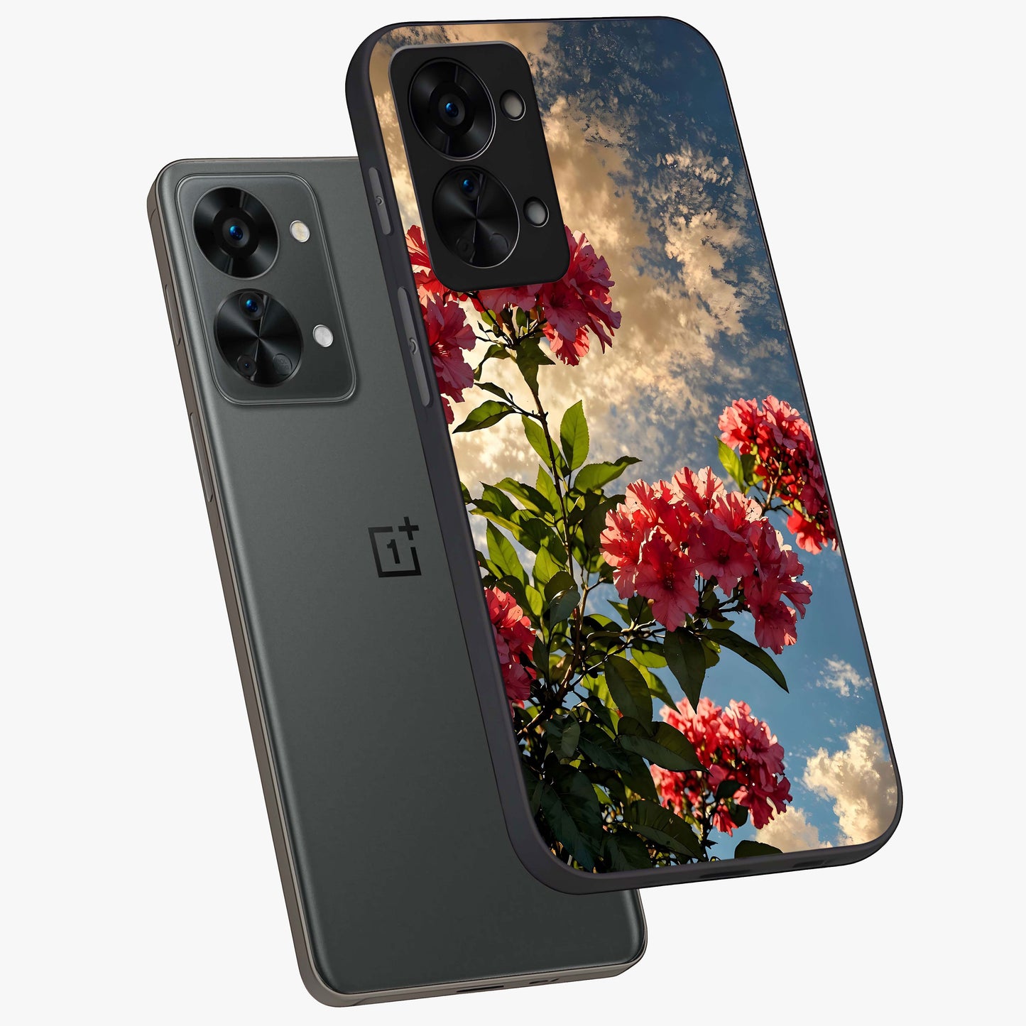 Moonlit Blossom Charm Glass Case for 1+Nord 2T angled mockup showcasing glossy glass finish and delicate bloom detailing
